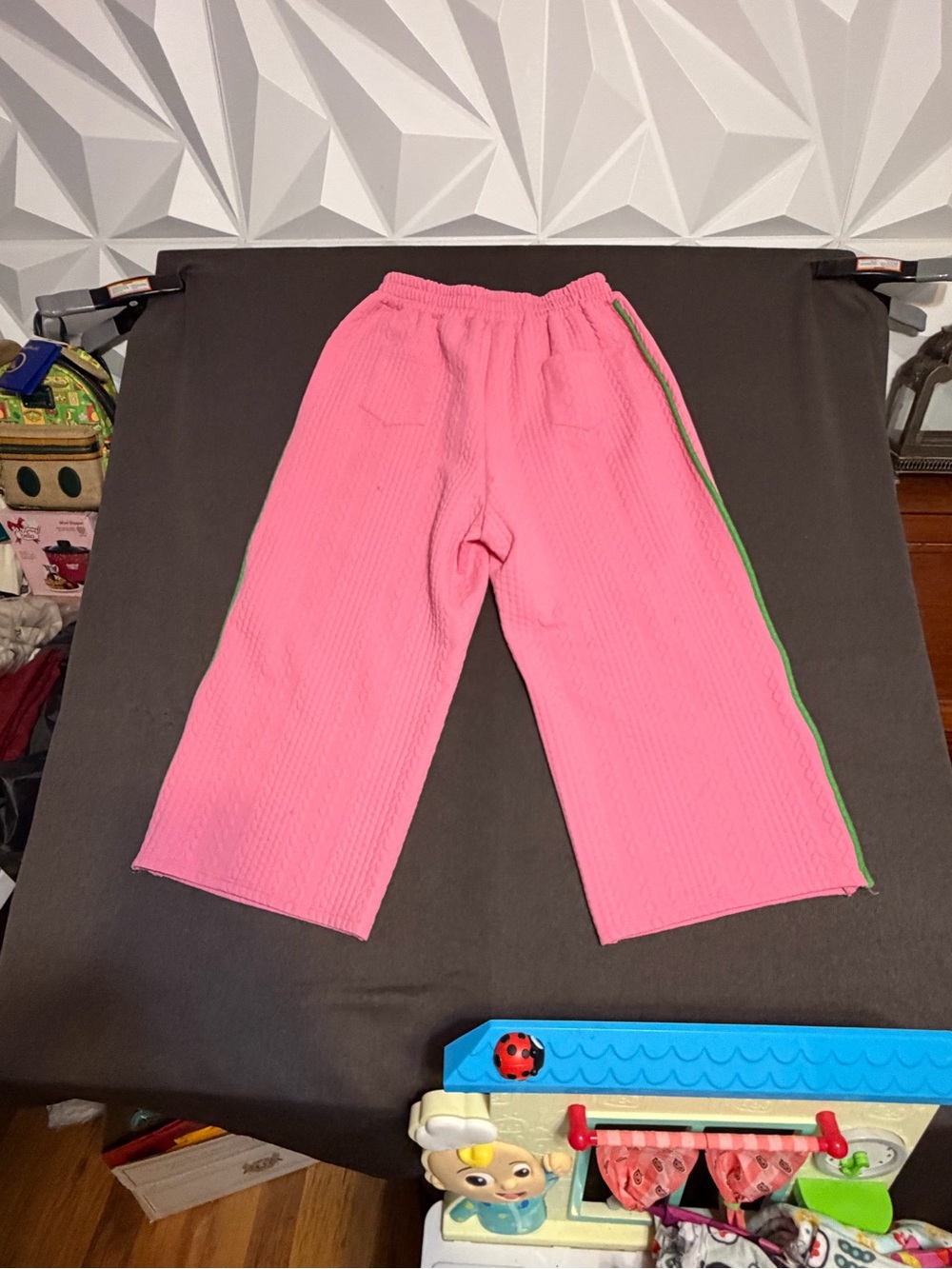 Kids Pink Wide-Leg Track Pants with Green Trim